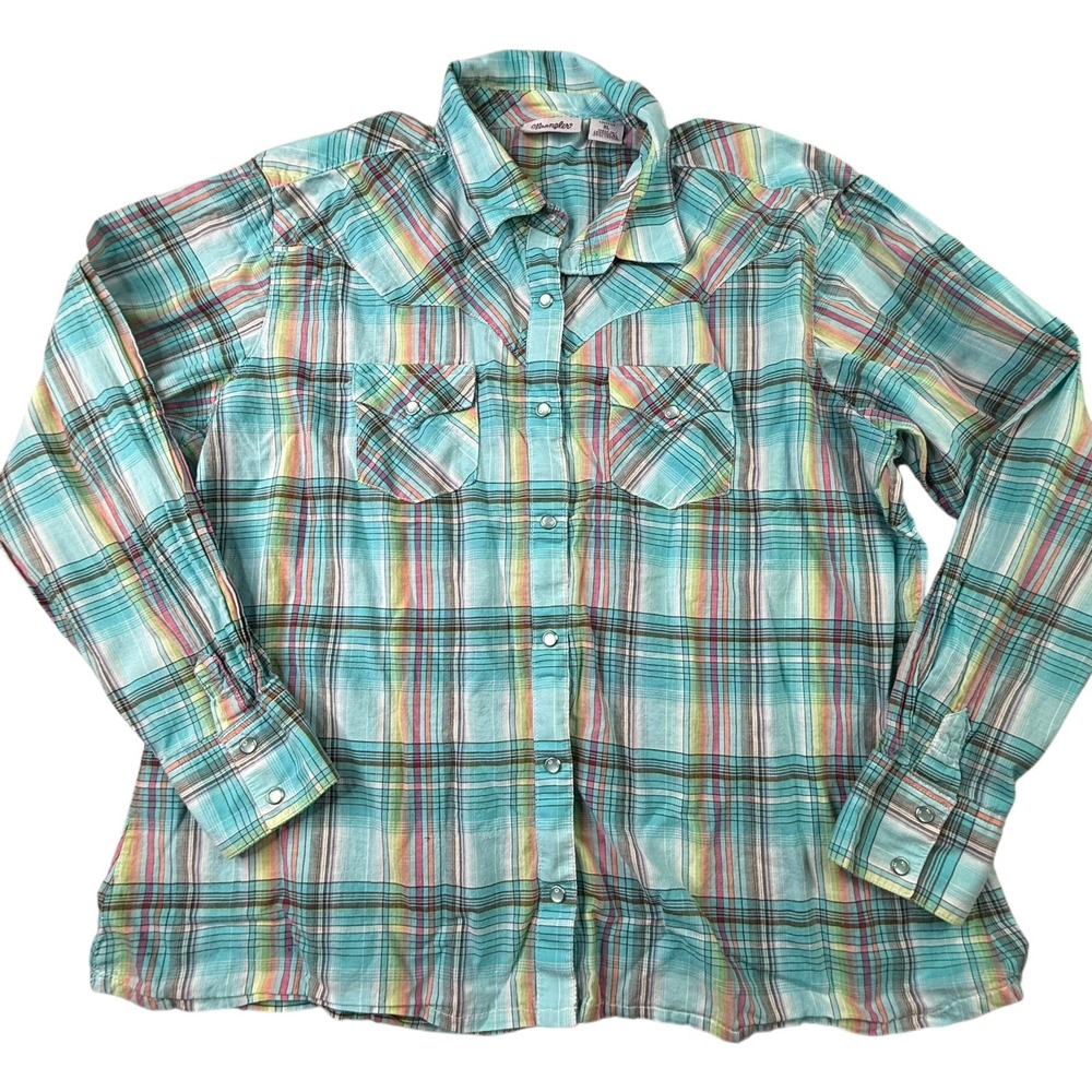 Wrangler Womens Pearl Snap Shirt Size XL Long‎ Sleeve Blue Plaid Western Cowgirl